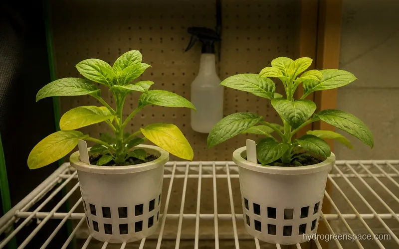 Side-by-side hydroponic plant showing yellowing on bottom leaves versus yellowing on new top growth