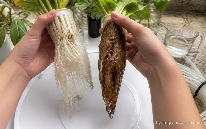 Hydroponic plant roots showing healthy white roots next to brown slimy roots affected by root rot