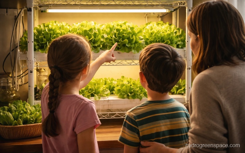 Kids harvesting lettuce from the family hydroponics setup