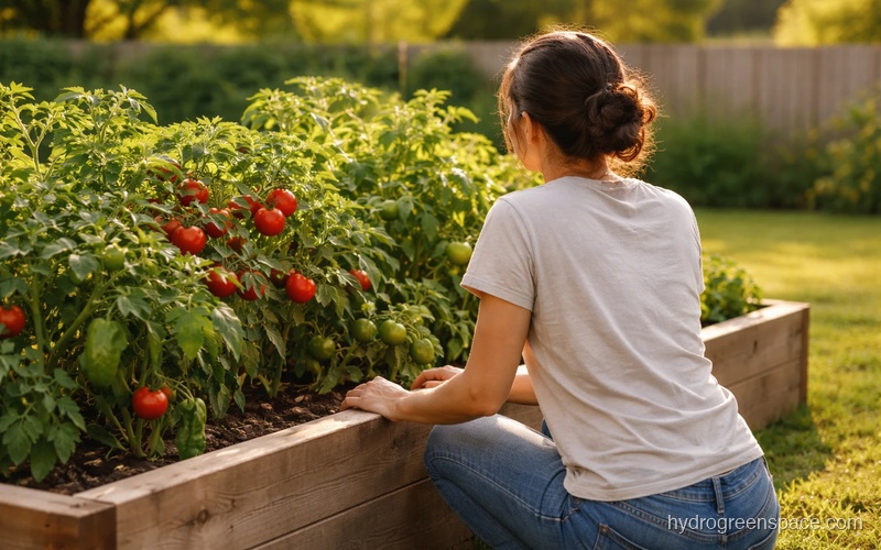 Tending a backyard vegetable garden with tomatoes and peppers