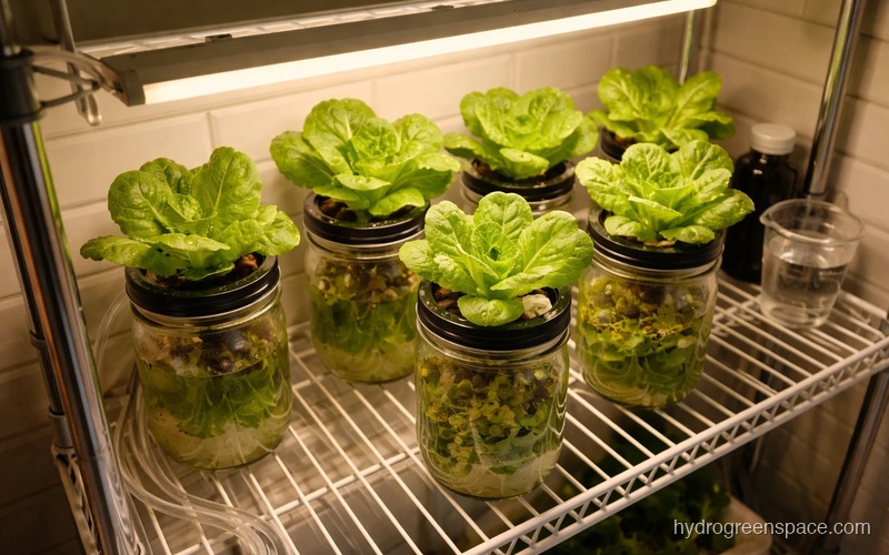Home hydroponic system with lettuce growing under grow lights